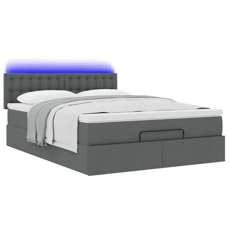 Ottoman Bed with Mattress & LEDs Dark Grey Queen Fabric