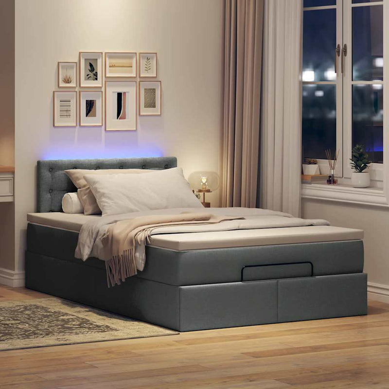 Ottoman Bed with Mattress & LEDs Dark Grey King Single Fabric