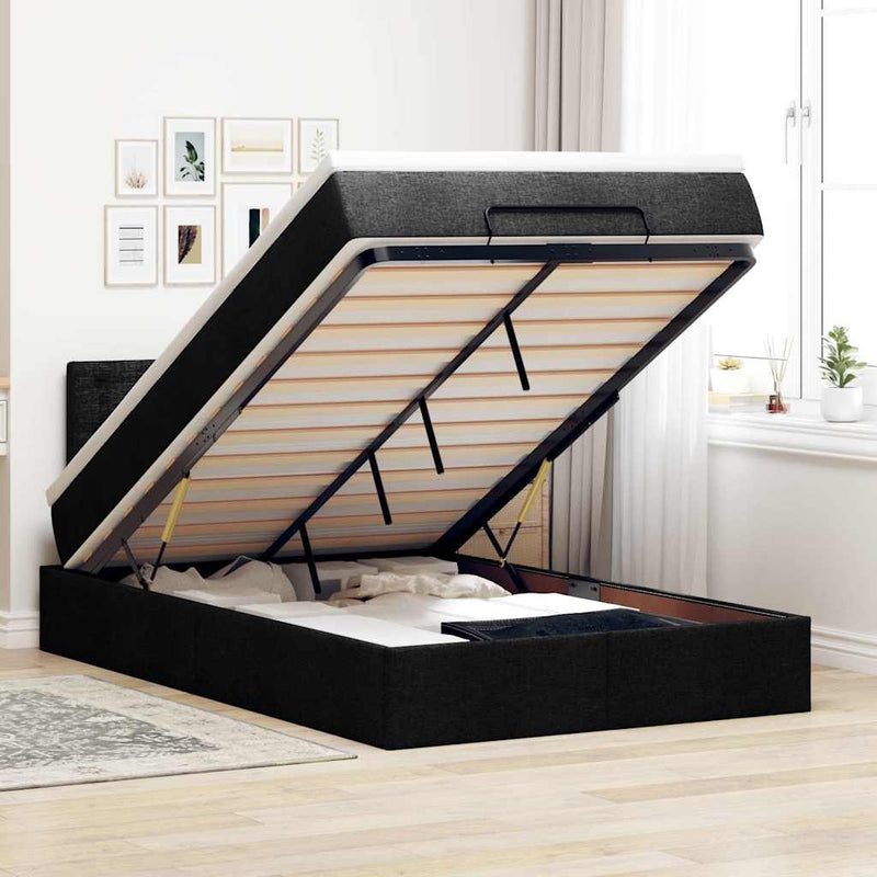 Ottoman Bed with Mattress & LEDs Black King Single Fabric