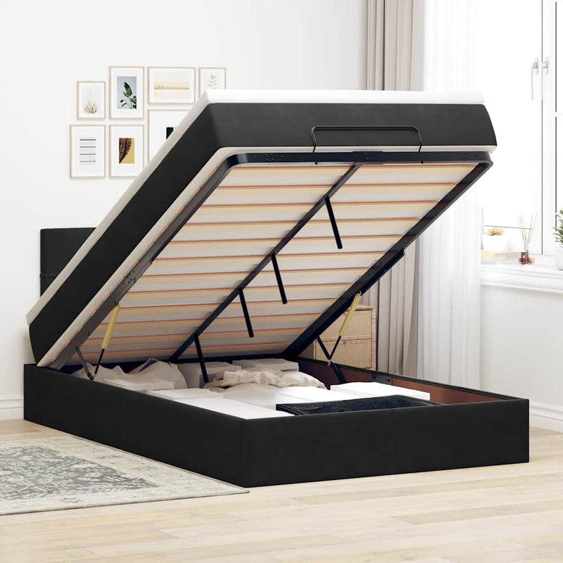 Ottoman Bed with Mattress & LEDs Black King Single Velvet