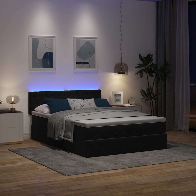 Ottoman Bed with Mattress & LEDs Black Double Velvet