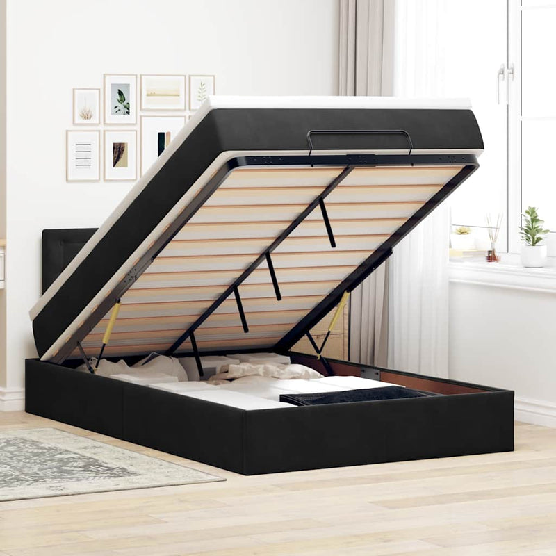 Ottoman Bed with Mattress & LEDs Black King Single Velvet