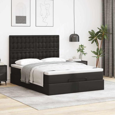 Ottoman Bed with Mattress Black Double Faux Leather