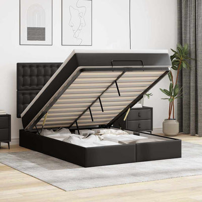 Ottoman Bed with Mattress Black Double Faux Leather