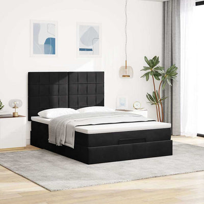 Ottoman Bed with Mattresses Black Queen Velvet