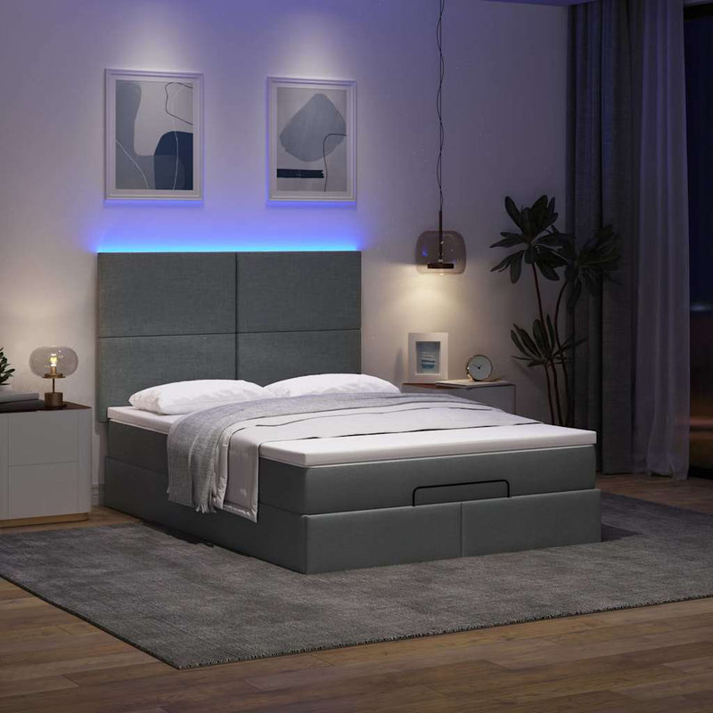 Ottoman Bed with Mattress & LEDs Dark Grey Queen Fabric