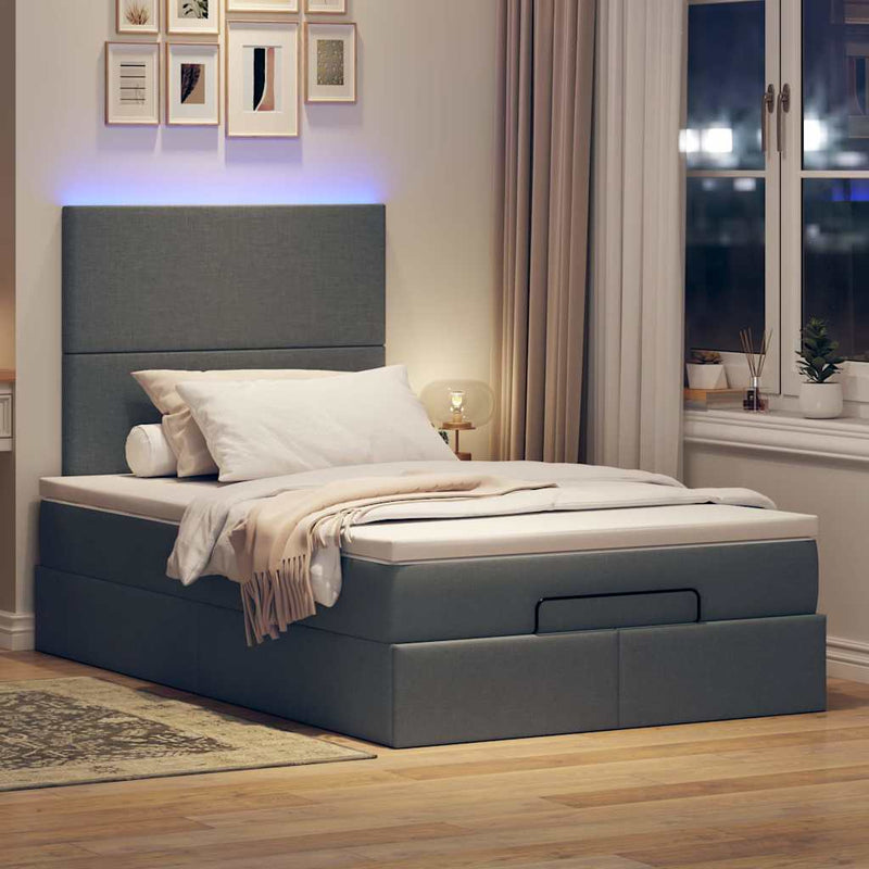 Ottoman Bed with Mattress & LEDs Dark Grey King Single Fabric