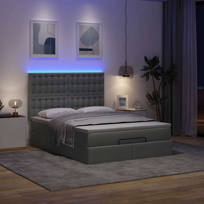 Ottoman Bed with Mattress & LEDs Dark Grey Queen Fabric