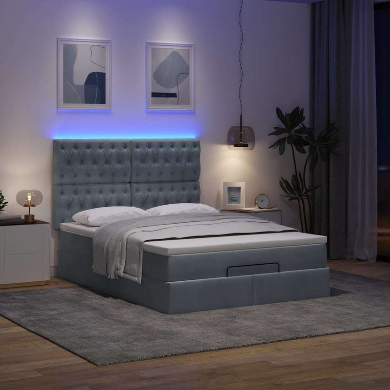 Ottoman Bed with Mattresses & LEDs Dark Grey Double Velvet