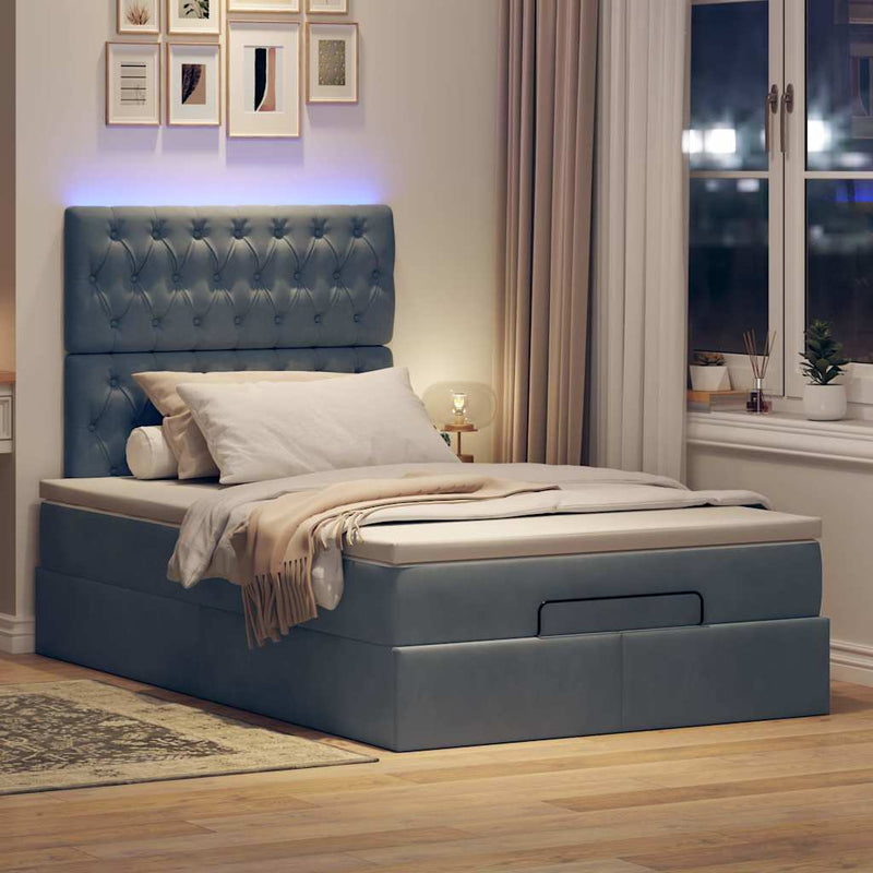 Ottoman Bed with Mattresses & LEDs Dark Grey King Single Velvet