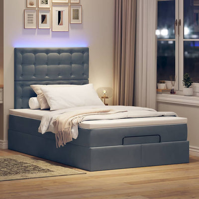 Ottoman Bed with Mattresses & LEDs Dark Grey King Single Velvet