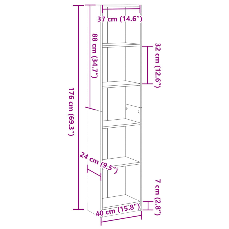 Bookcase White 40x24x176 cm Engineered Wood