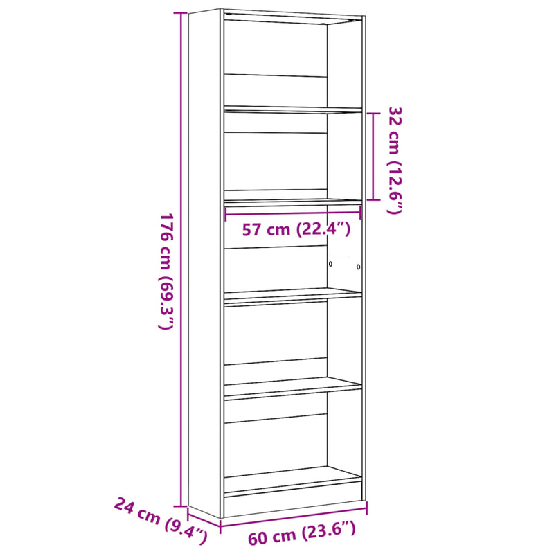 Bookcase Smoked Oak 60x24x176 cm Engineered Wood