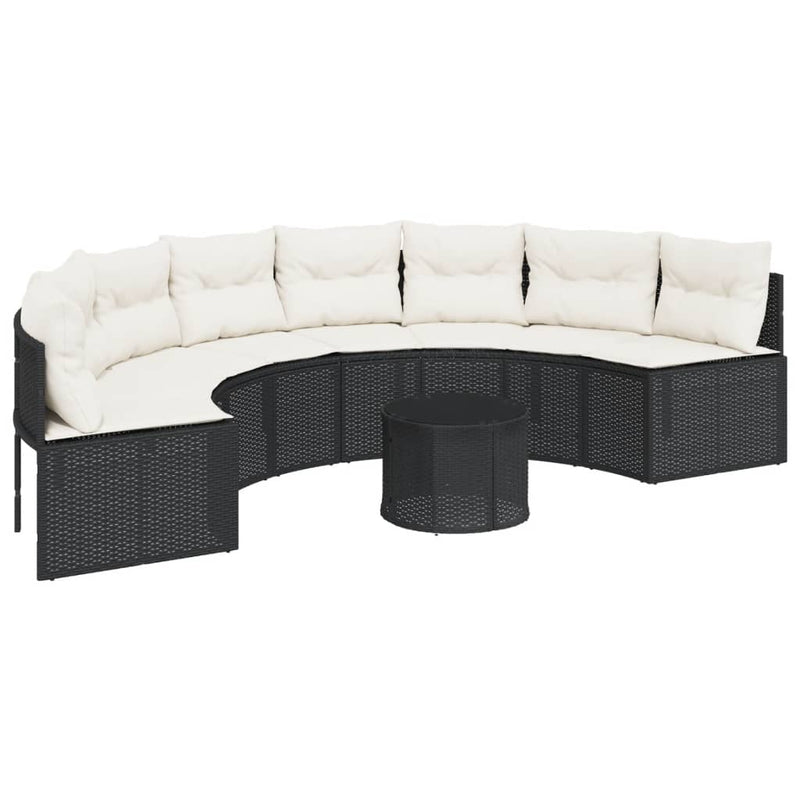 Garden Sofa with Table and Cushions Half-Round Black Poly Rattan