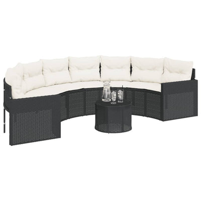 Garden Sofa with Table and Cushions Half-Round Black Poly Rattan