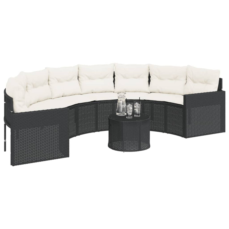 Garden Sofa with Table and Cushions Half-Round Black Poly Rattan