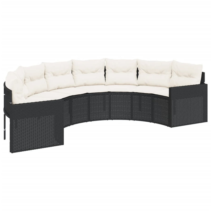 Garden Sofa with Table and Cushions Half-Round Black Poly Rattan