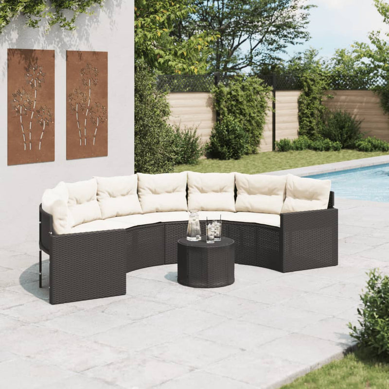 Garden Sofa with Table and Cushions Half-Round Black Poly Rattan