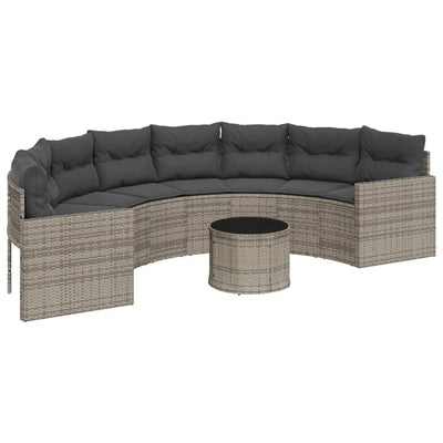 Garden Sofa with Table and Cushions Half-Round Grey Poly Rattan