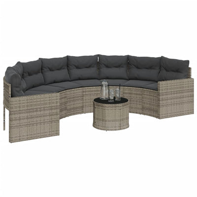 Garden Sofa with Table and Cushions Half-Round Grey Poly Rattan