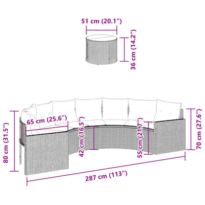 Garden Sofa with Table and Cushions Half-Round Grey Poly Rattan