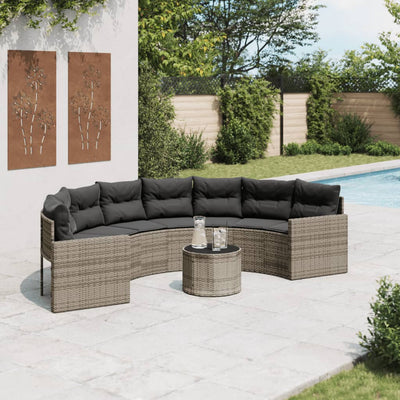 Garden Sofa with Table and Cushions Half-Round Grey Poly Rattan