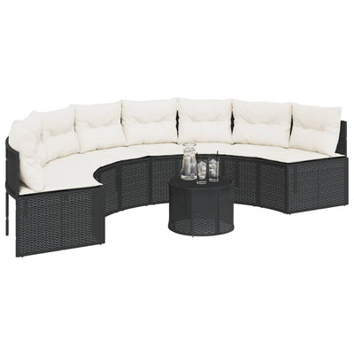 Garden Sofa with Table and Cushions Half-Round Black Poly Rattan