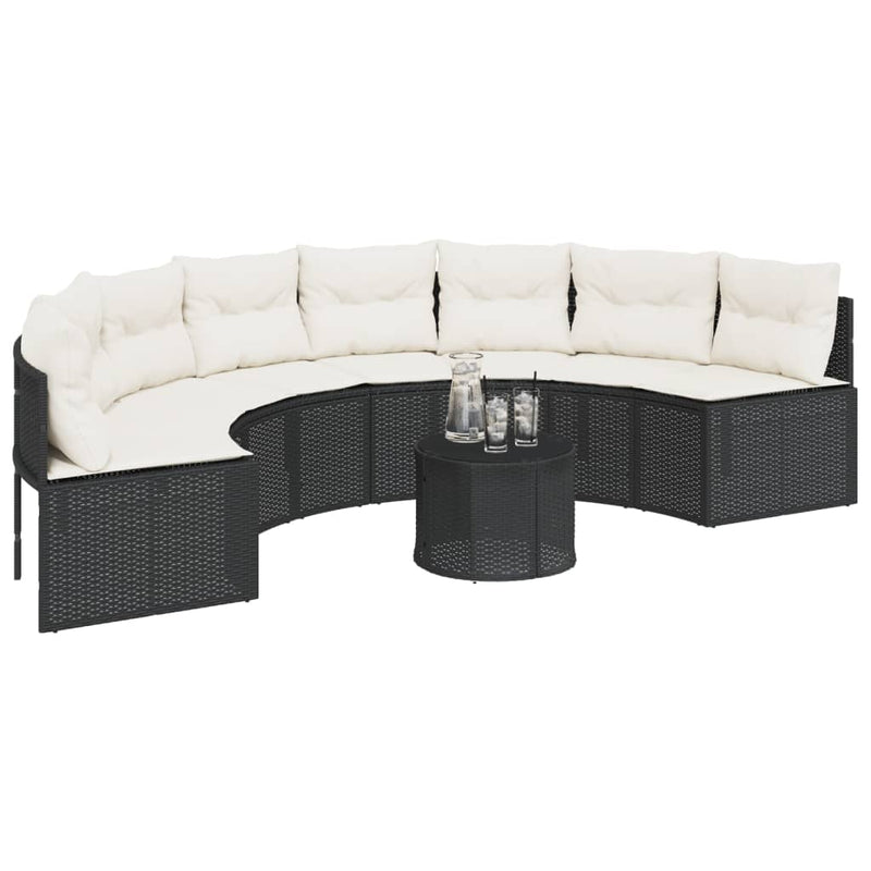 Garden Sofa with Table and Cushions Half-Round Black Poly Rattan