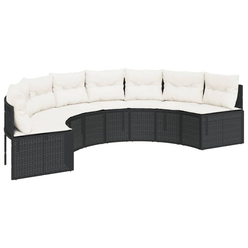 Garden Sofa with Table and Cushions Half-Round Black Poly Rattan