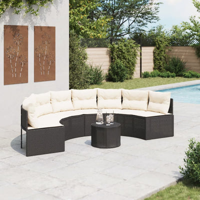 Garden Sofa with Table and Cushions Half-Round Black Poly Rattan