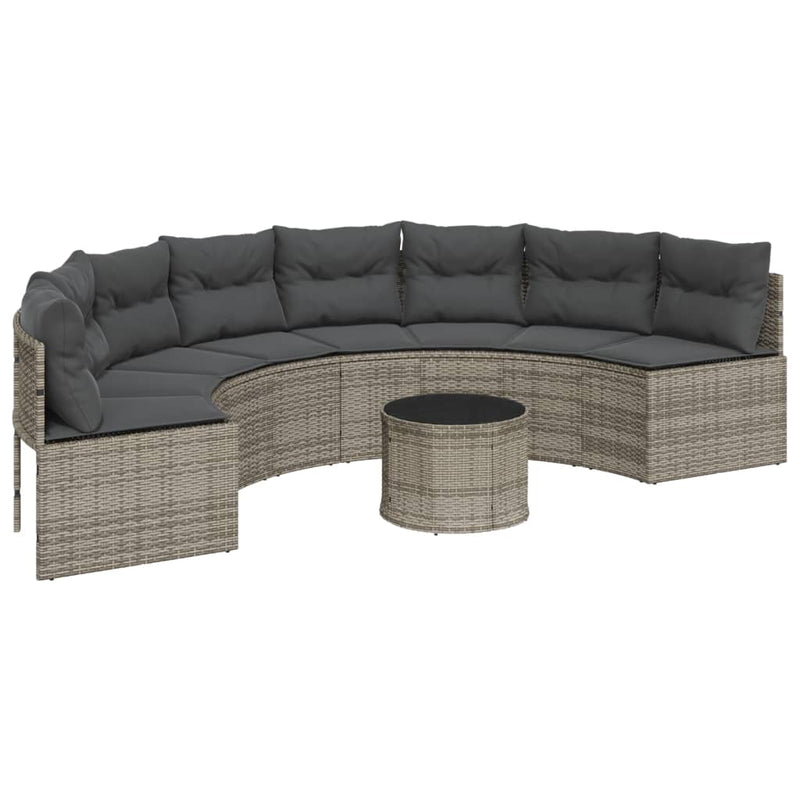 Garden Sofa with Table and Cushions Half-Round Grey Poly Rattan