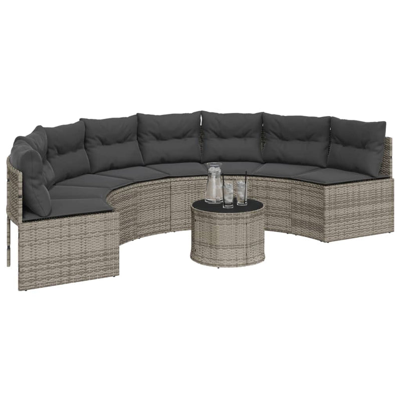 Garden Sofa with Table and Cushions Half-Round Grey Poly Rattan