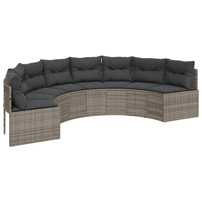 Garden Sofa with Table and Cushions Half-Round Grey Poly Rattan