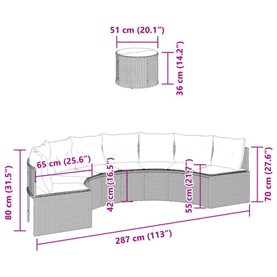 Garden Sofa with Table and Cushions Half-Round Grey Poly Rattan