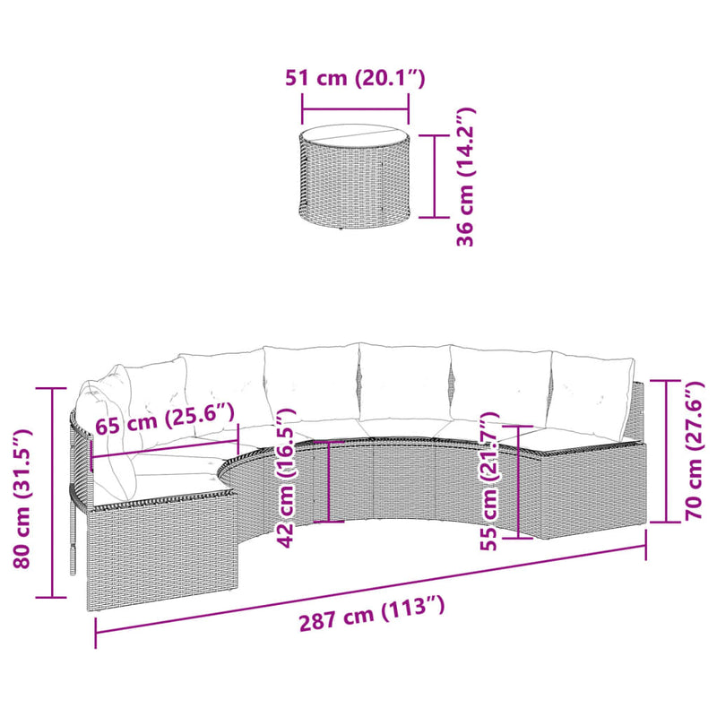 Garden Sofa with Table and Cushions Half-Round Grey Poly Rattan