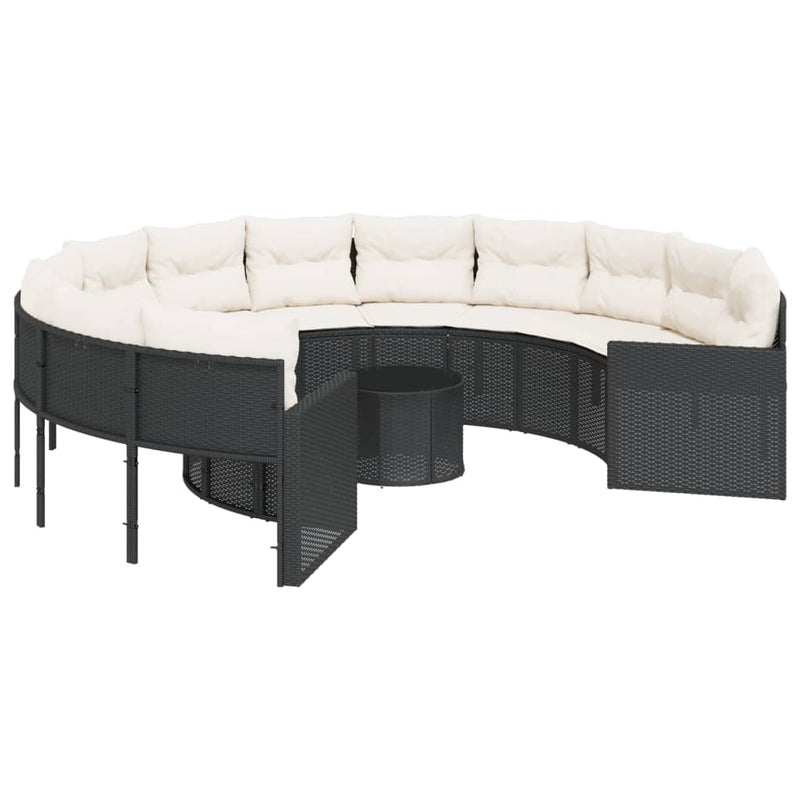 Garden Sofa with Table and Cushions Round Black Poly Rattan