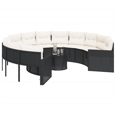 Garden Sofa with Table and Cushions Round Black Poly Rattan