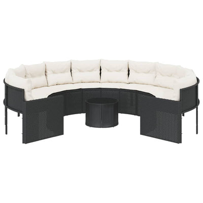 Garden Sofa with Table and Cushions Round Black Poly Rattan