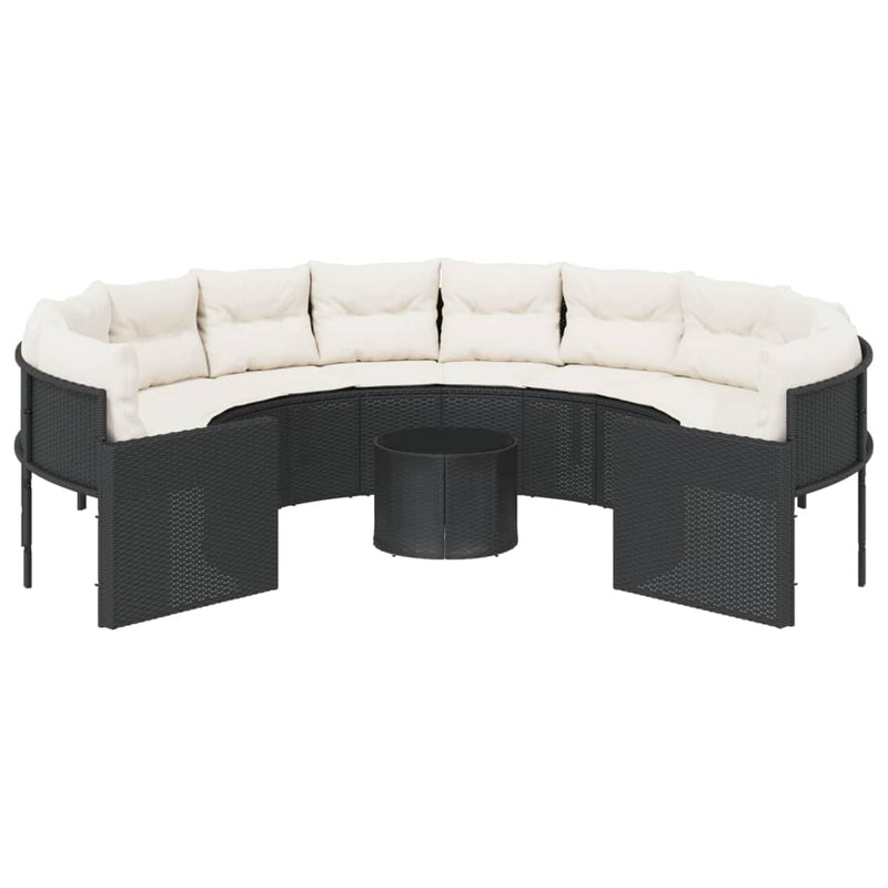 Garden Sofa with Table and Cushions Round Black Poly Rattan