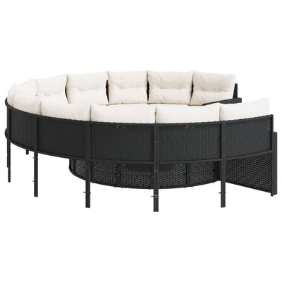 Garden Sofa with Table and Cushions Round Black Poly Rattan