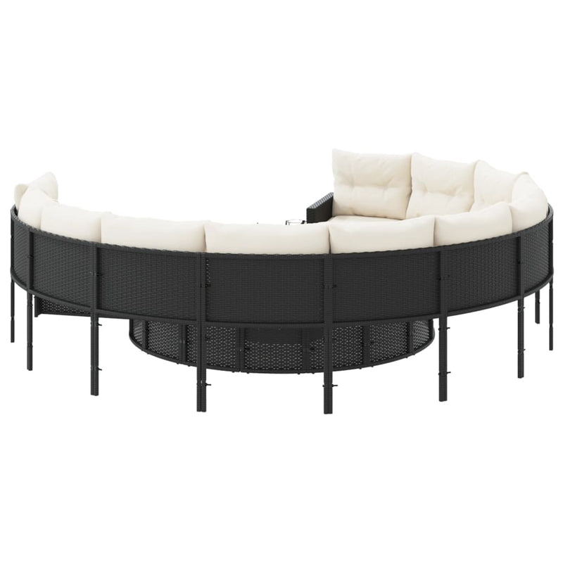 Garden Sofa with Table and Cushions Round Black Poly Rattan