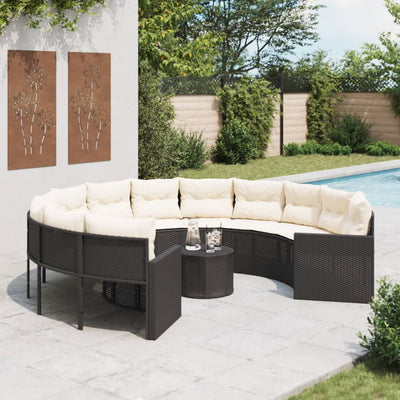 Garden Sofa with Table and Cushions Round Black Poly Rattan