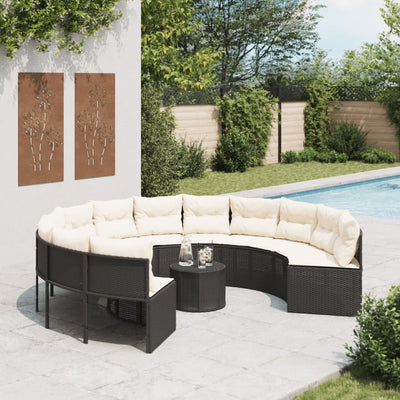 Garden Sofa with Table and Cushions Round Black Poly Rattan