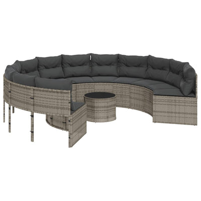 Garden Sofa with Table and Cushions Round Grey Poly Rattan