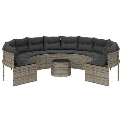 Garden Sofa with Table and Cushions Round Grey Poly Rattan