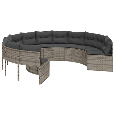 Garden Sofa with Table and Cushions Round Grey Poly Rattan