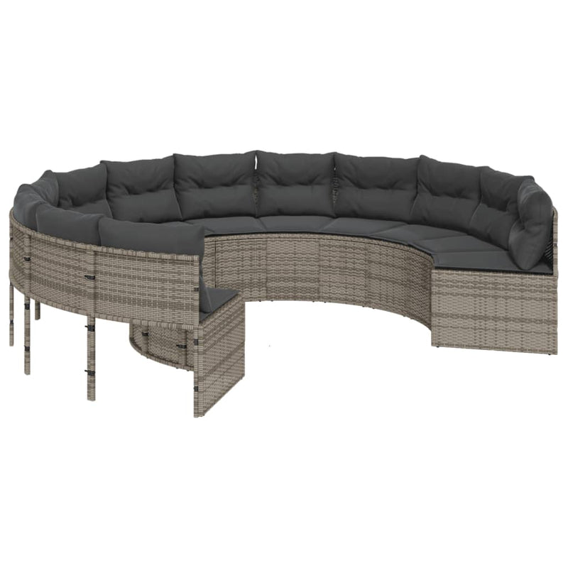 Garden Sofa with Table and Cushions Round Grey Poly Rattan