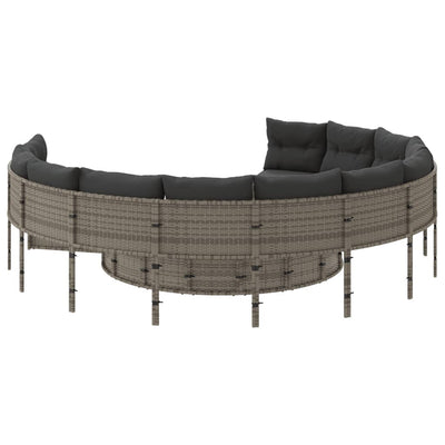 Garden Sofa with Table and Cushions Round Grey Poly Rattan