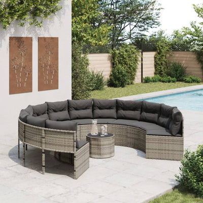 Garden Sofa with Table and Cushions Round Grey Poly Rattan