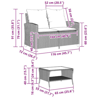 Garden Sofa 2-Seater with Cushions&Table Grey Poly Rattan